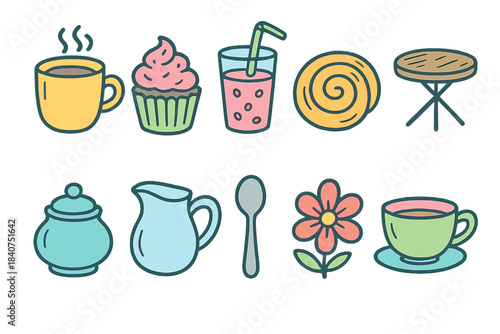 Coffee shop flat icon set. Cup, dessert, flower, and drink in flat style collection