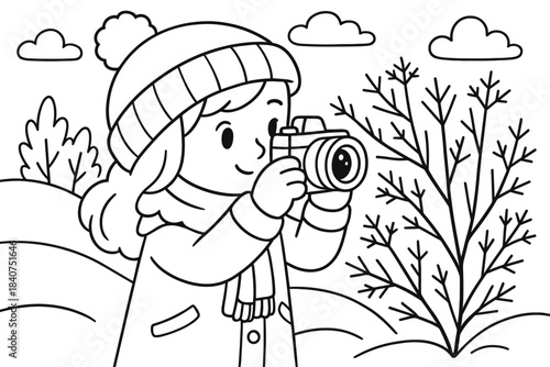 Winter Photography Coloring. Winter nature photographer children?s coloring book illustration, outlined