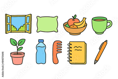 Daily essentials flat icon set. Household, lifestyle essentials icons flat collection