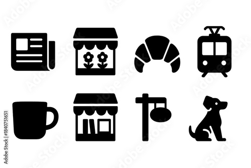 Cafe and bakery filled icon set. Coffee, pastry, shop icons collection