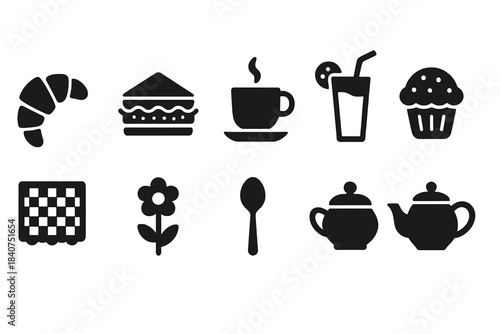 Cafe, bakery silhouette icon set. Coffee, pastry, tea, food icons silhouette collection