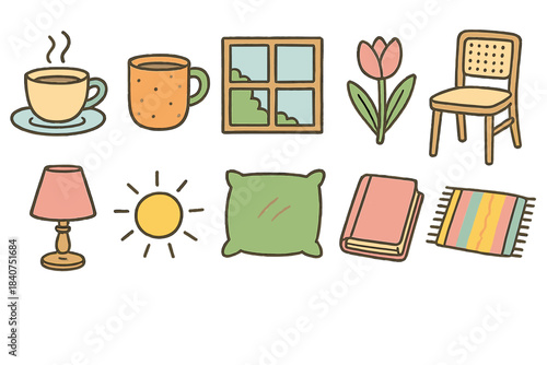 Home and garden flat icon set. Cozy decor and home essentials collection.