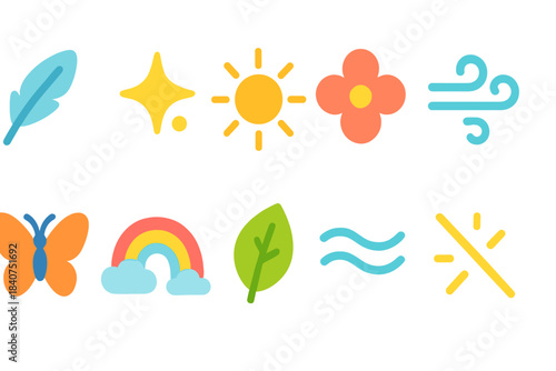“nature and weather glowing icon set: bright, radiant outline style symbols”