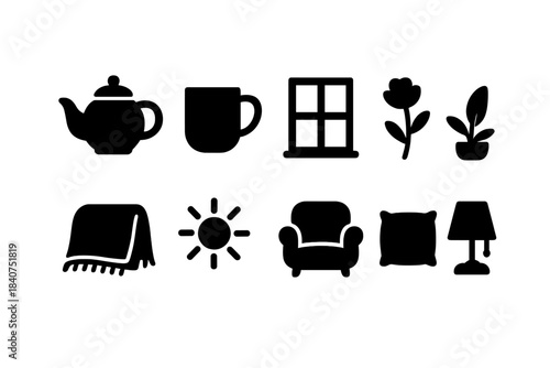 Home essentials silhouette icon set: tea, coffee, decor, furniture silhouette icons collection