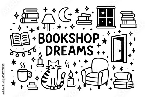 Bookshop Dreams Illustration. Bookshop dreams. Hand-drawn doodle illustration of bookshop dreams. Stacks of
