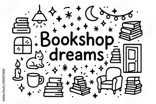 Bookshop Dreams Illustration. Bookshop dreams. Hand-drawn doodle illustration of bookshop dreams. Stacks of