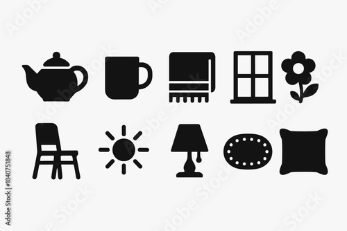 Home and garden solid icon set. Essential household and garden icons in solid style