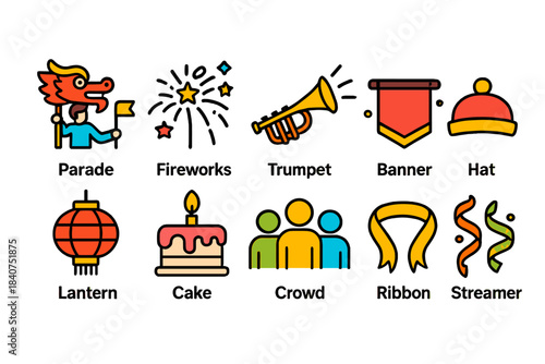 Festival celebration flat icon set. Parade, fireworks, trumpet, cake icons collection