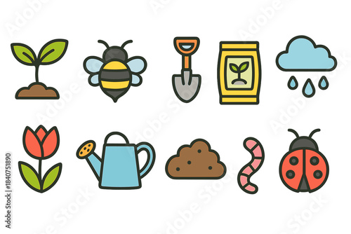 Gardening, nature flat icon set with plants, tools, and insects for garden lovers