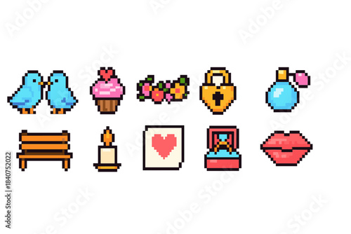 Love and romance pixel art icon set for valentine's day. Cute, colorful retro icons.
