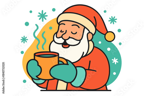 Santa's Cozy Cocoa Break. Santa Drinking Hot Cocoa. Santa holding a steaming mug of cocoa, his mittens wrapped