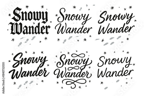 Snowy Calligraphy Styles. Snowy Wander. Create a calligraphy lettering illustration of the phrase: Snowy
