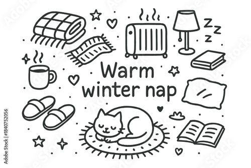 Cozy Winter Nap. Warm winter nap. Hand-drawn doodle illustration of Warm winter nap. cat, heater, blanket, mug
