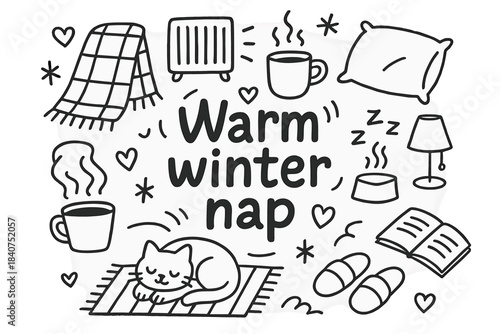 Cozy Winter Nap. Warm winter nap. Hand-drawn doodle illustration of Warm winter nap. cat, heater, blanket, mug