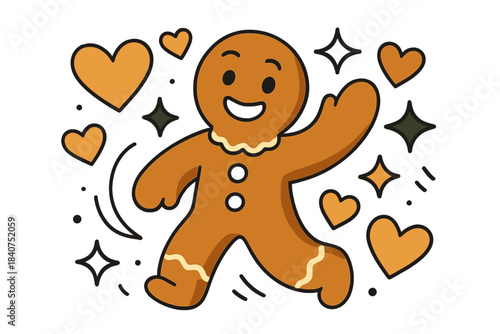 Gingerbread Cookie Celebration. Gingerbread joy. Cookie waving surrounded by floating hearts and stars. Warm