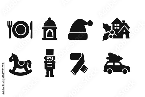 Christmas, holiday silhouette icon set. Winter festivity and celebration icons