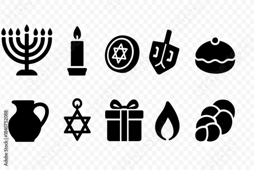Hanukkah, jewish filled icon set. Traditional, festive symbols filled collection