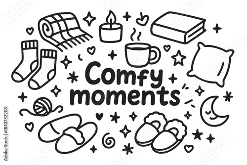 Comfy Moments Doodle. Comfy moments. Hand-drawn doodle illustration of comfy moments. Cozy socks, blanket,