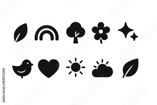 Nature silhouette icon set. Eco, wildlife, natural elements sleek silhouette icons.