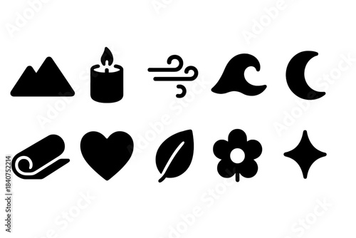 Nature and wellness solid icon set. Calm, natural elements, mindfulness symbols collection