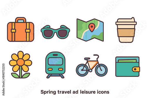 Travel and leisure icon set. Flat design suitcase, sunglasses, map, and more.