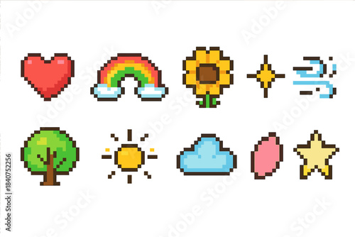 Nature and weather pixel icon set. Heart, rainbow, sunflower, sun in pixel art style