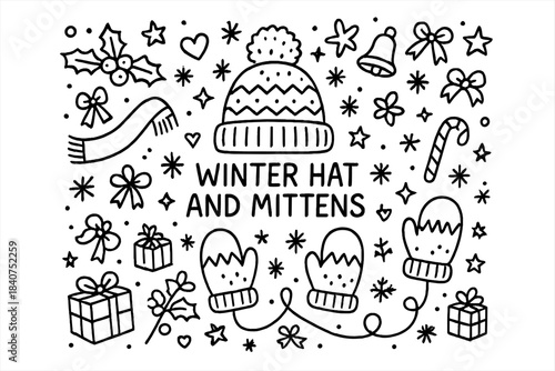 Winter Hat Doodle. Winter hat and mittens. Hand-drawn doodle illustration of Winter hat and mittens. wool hat,
