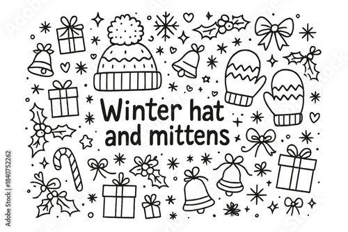 Winter Hat Doodle. Winter hat and mittens. Hand-drawn doodle illustration of Winter hat and mittens. wool hat,