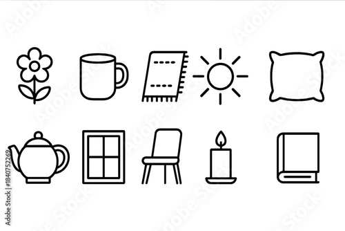 Home and lifestyle outline icon set. Cozy living, everyday comfort icons collection