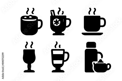 Winter Drink Icons. Winter drinks. Filled icon set of winter drinks: hot chocolate, mulled wine, tea cup,