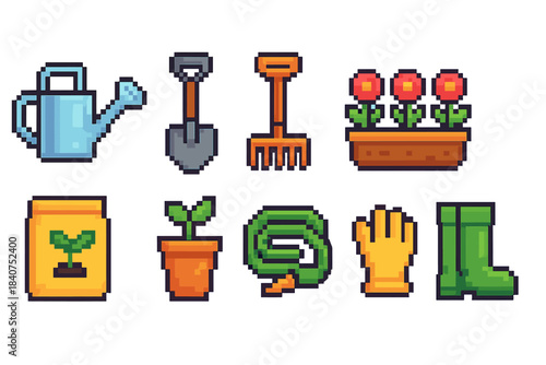 Gardening, agriculture icon set. Seedlings, plants, tools icons, pixel art collection