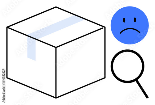 Cardboard box next to a magnifying glass and sad face highlighting inspection and dissatisfaction. Ideal for delivery, logistics, shipping issues, package tracking, customer concerns