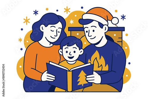 Cozy Holiday Reading. Parents Reading a Christmas Story. Two parents sit close together with their child,