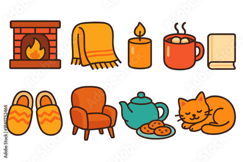Cozy, hygge flat icon set. Warmth, comfort, relaxation icons flat collection