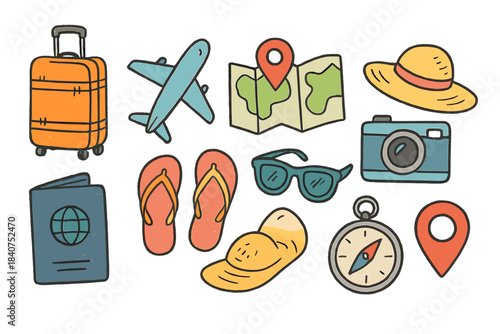 Travel and tourism hand-drawn icon set. Vacation, adventure, map, passport, camera icons.