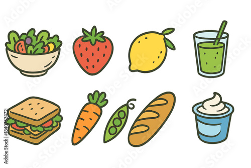 Food and drink flat icon set. Salad, juice, sandwich, fruit, and vegetable icons collection