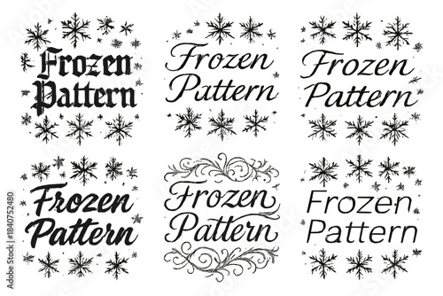 Calligraphy Frost Styles. Frozen Pattern. Create a calligraphy lettering illustration of the phrase: Frozen