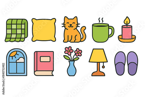 Cozy home filled icon set. Comfort, relaxation icons filled collection