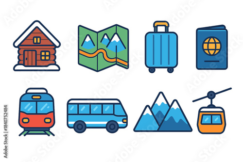 Travel, tourism solid icon set. Vacation, adventure icons solid collection