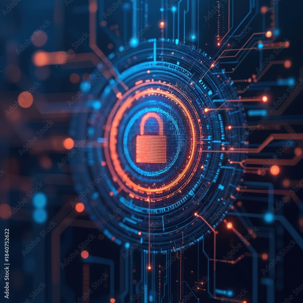 Obraz premium Digital security lock icon on circuit board with glowing data streams. Cyber network protection concept. Abstract tech background with firewall and encryption elements.