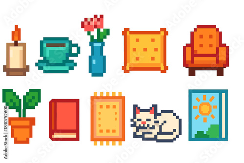 Pixel art icon set: cozy home essentials in nostalgic 8-bit style