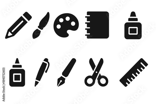 Art and craft tools silhouette icon set. Painting, drawing, craft tools silhouette collection.