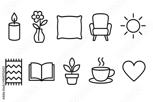 Home comfort outline icon set. Cozy living, decor, furniture, and lifestyle icons.
