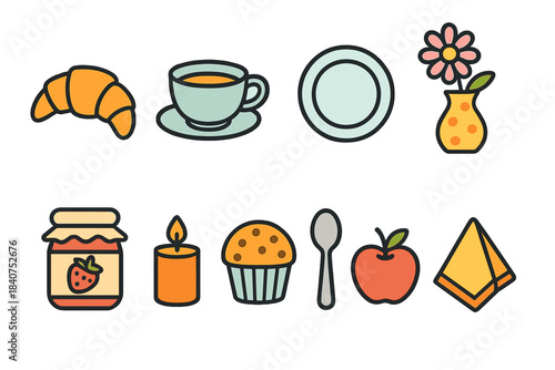 Breakfast and kitchen outline icon set. Morning meal, kitchenware, food, and drink symbols