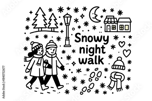 Snowy Night Stroll. Snowy night walk. Hand-drawn doodle illustration of snowy night walk. Couple walking,