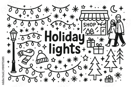 Festive Holiday Doodle. Holiday lights. Hand-drawn doodle illustration of holiday lights. Strings of lights,