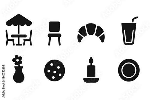 Restaurant and dining silhouette icon set. Food, beverage, tableware icons collection
