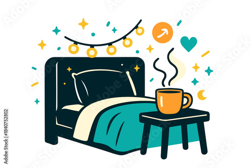 Cozy Night Ambiance. Nighttime comfort. A neatly made bed surrounded by glowing fairy lights and a steaming