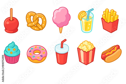 Neon snack icon set. Food, drink, festive treats in vibrant neon style collection