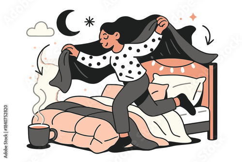 Warm Winter Bedtime. Winter bedtime. Thick blankets, fluffy pillows, and soft glowing lights around the bed. A